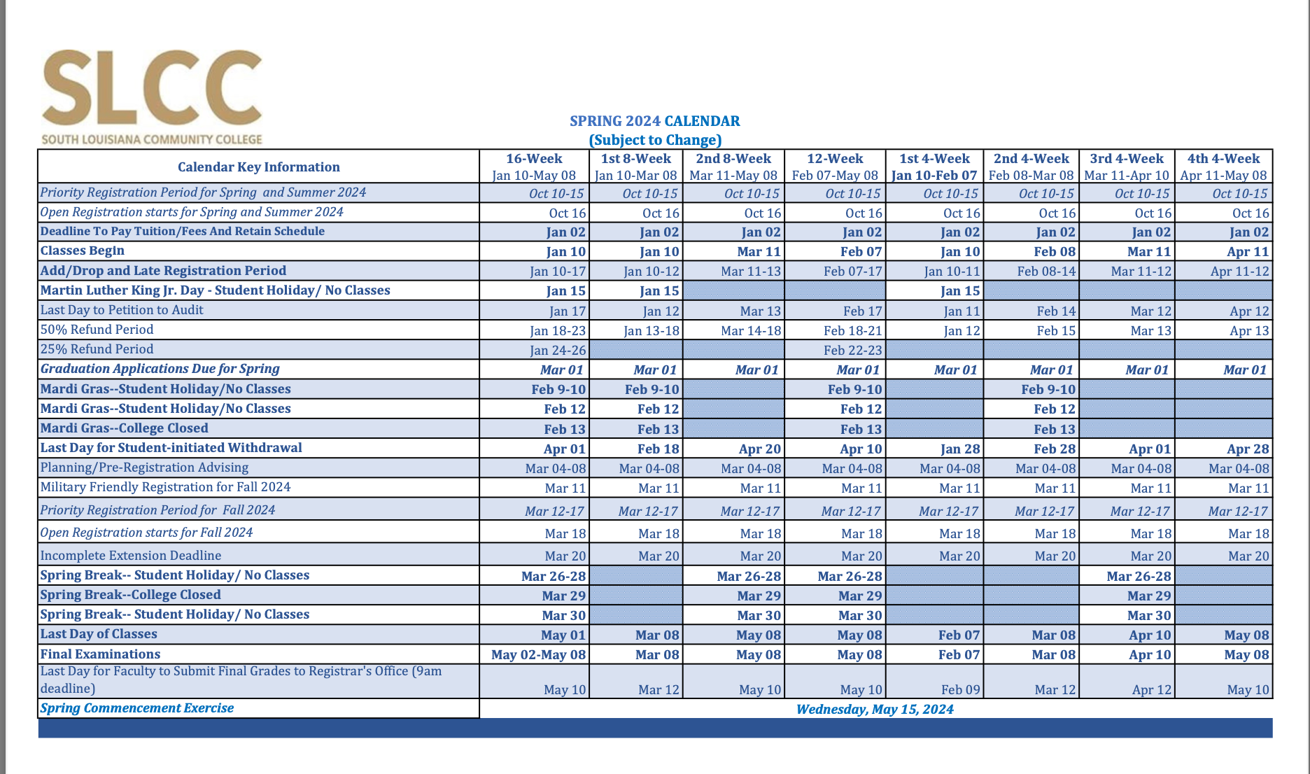 Academic Calendar South Louisiana Community College Acalog ACMS Academic Calendar South Louisiana Community College Acalog ACMS